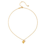 A close-up view of the Compassionate Faith Rose Quartz Cross Necklace, displaying the detailed craftsmanship of the gold plated cross and the beautiful rose quartz charm, ideal for yoga and zodiac enthusiasts.
