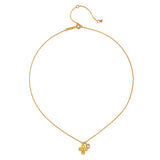 A close-up view of the Compassionate Faith Rose Quartz Cross Necklace, displaying the detailed craftsmanship of the gold plated cross and the beautiful rose quartz charm, ideal for yoga and zodiac enthusiasts.