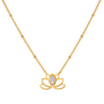 Cultivate Intuition Lotus Moonstone Necklace, featuring a delicate gold-plated lotus pendant with moonstone, symbolizing new beginnings and spirituality. Ideal for meditation and manifestation, this piece embodies meaning and charm, perfect for yoga enthusiasts and those seeking protection.