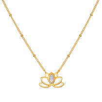 Cultivate Intuition Lotus Moonstone Necklace, featuring a delicate gold-plated lotus pendant with moonstone, symbolizing new beginnings and spirituality. Ideal for meditation and manifestation, this piece embodies meaning and charm, perfect for yoga enthusiasts and those seeking protection.
