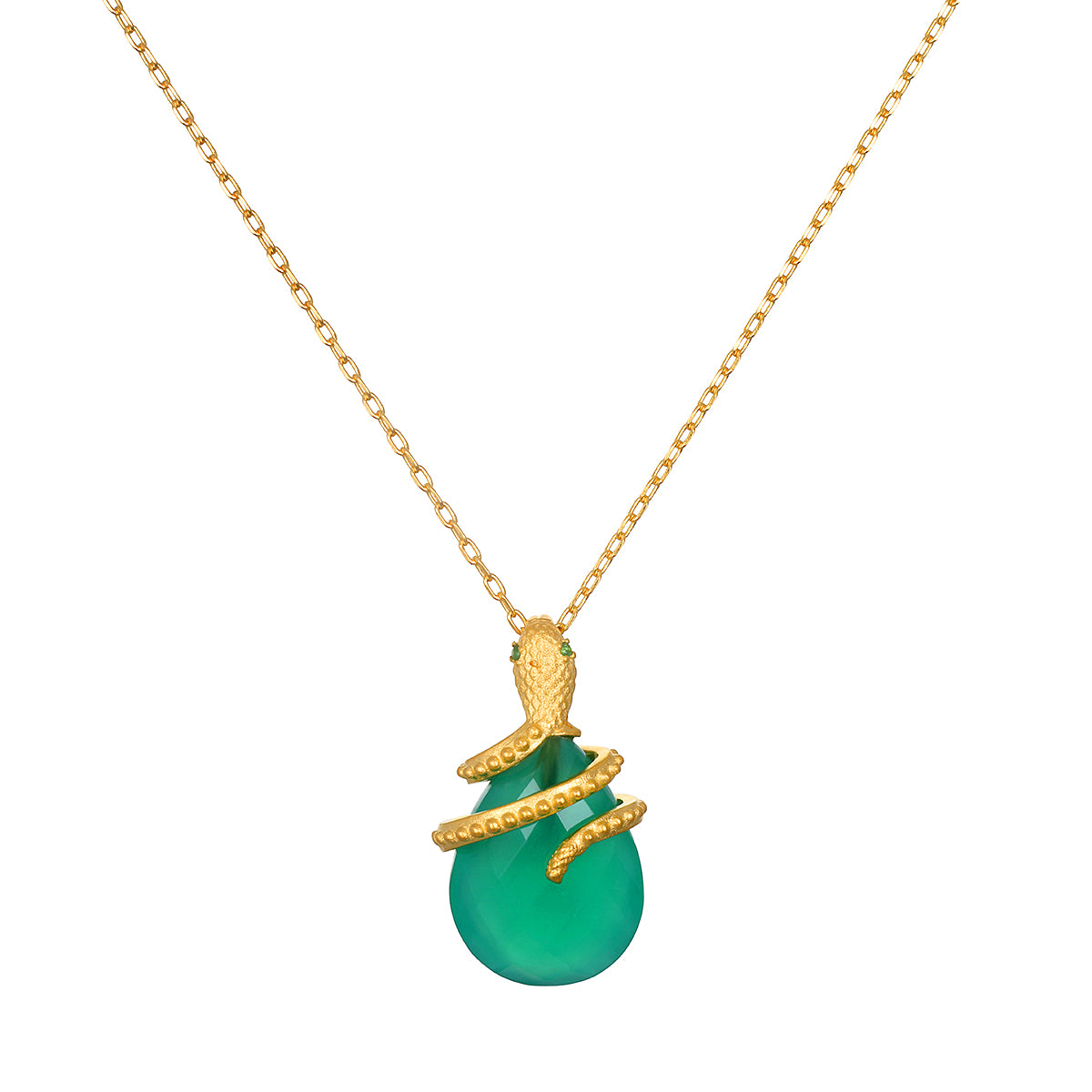 Guiding Energy Green Onyx Snake Necklace featuring a vivid green onyx stone cradled by a serpent in 18kt gold plating. This spiritual jewelry symbolizes grounding and guidance, perfect for meditation and protection rituals. Ideal for zodiac enthusiasts, this meaningful talisman enhances manifestation during yoga or other spiritual practices.