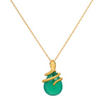 Guiding Energy Green Onyx Snake Necklace featuring a vivid green onyx stone cradled by a serpent in 18kt gold plating. This spiritual jewelry symbolizes grounding and guidance, perfect for meditation and protection rituals. Ideal for zodiac enthusiasts, this meaningful talisman enhances manifestation during yoga or other spiritual practices.
