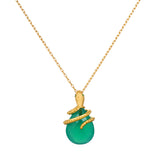 Guiding Energy Green Onyx Snake Necklace featuring a vivid green onyx stone cradled by a serpent in 18kt gold plating. This spiritual jewelry symbolizes grounding and guidance, perfect for meditation and protection rituals. Ideal for zodiac enthusiasts, this meaningful talisman enhances manifestation during yoga or other spiritual practices.