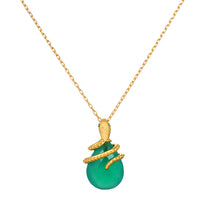 Guiding Energy Green Onyx Snake Necklace featuring a vivid green onyx stone cradled by a serpent in 18kt gold plating. This spiritual jewelry symbolizes grounding and guidance, perfect for meditation and protection rituals. Ideal for zodiac enthusiasts, this meaningful talisman enhances manifestation during yoga or other spiritual practices.