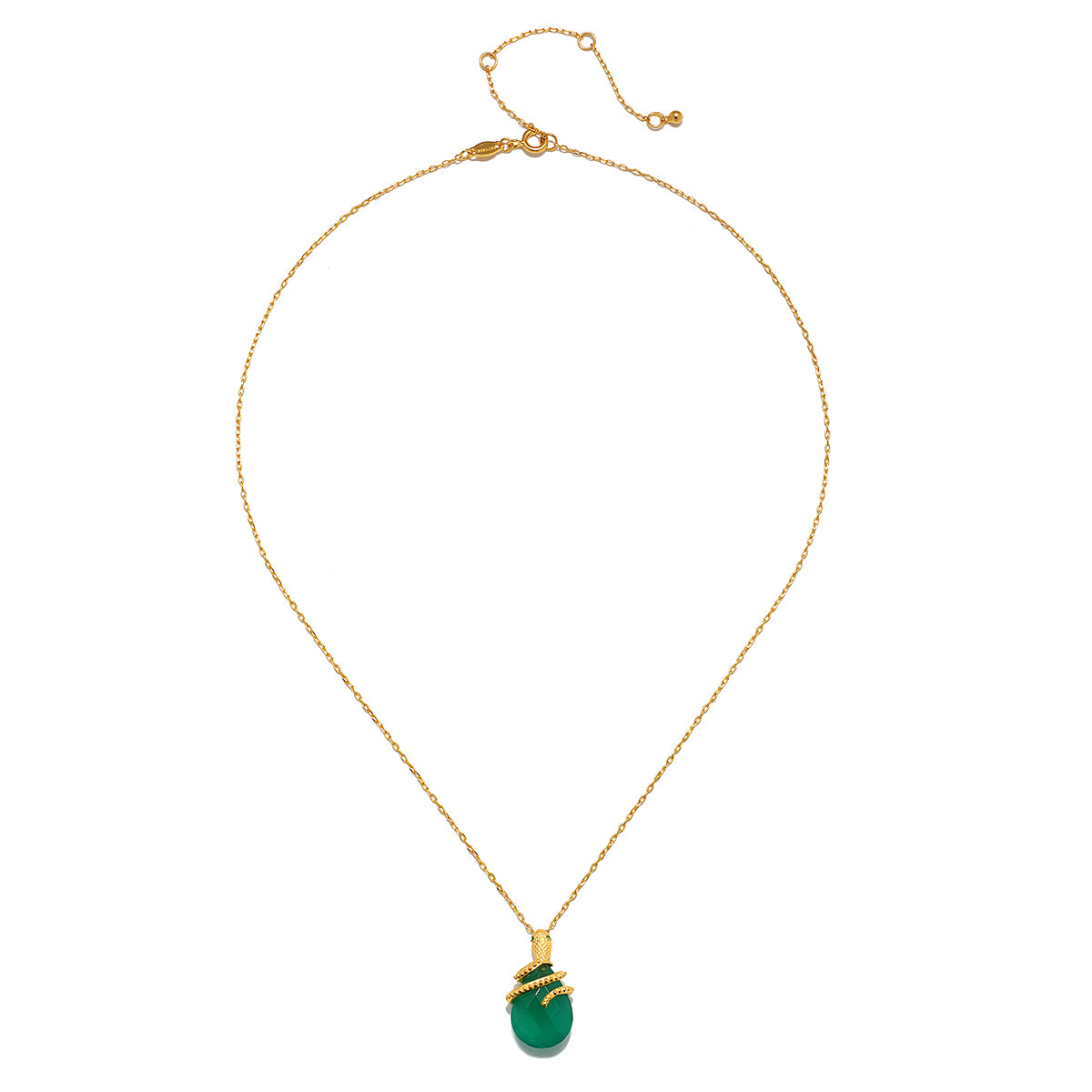 Another view of the Guiding Energy Green Onyx Snake Necklace showcasing the delicate design and elegant gold chain. This piece of spiritual jewelry acts as a powerful talisman, promoting abundance and intuition. Perfect for those interested in yoga and the mystical meanings behind gemstones.