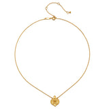 Close-up of the Peaceful Buddha Gold Necklace, featuring a heart-shaped 18kt gold pendant engraved with Buddha in a lotus position. This piece of spiritual jewelry is a thoughtful talisman for meditation and manifestation, embodying a connection to the sun, moon, and the deeper meanings of tranquility and wisdom.
