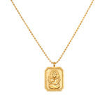 Ganesha Hindu God, Bestower of Good Fortune Necklace featuring an 18kt gold plated pendant. This spiritual jewelry piece symbolizes good fortune and is perfect for meditation and manifestation, serving as a meaningful talisman for protection and yoga practices.