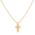 Centered in Faith Cross Gold Necklace featuring an 18kt gold plate cross pendant with an emerald stone, embodying spiritual jewelry and meaningful protection for meditation practices.