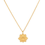 Journey Forward Lotus Gold Necklace showcased with intricate details, symbolizing new beginnings in spiritual jewelry. An ideal talisman for manifestation, meditation, and meaning, perfect for yoga and other spiritual practices.