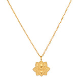 Journey Forward Lotus Gold Necklace showcased with intricate details, symbolizing new beginnings in spiritual jewelry. An ideal talisman for manifestation, meditation, and meaning, perfect for yoga and other spiritual practices.