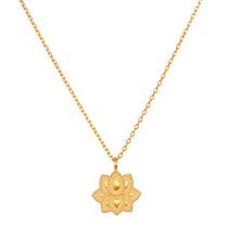 Journey Forward Lotus Gold Necklace showcased with intricate details, symbolizing new beginnings in spiritual jewelry. An ideal talisman for manifestation, meditation, and meaning, perfect for yoga and other spiritual practices.