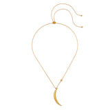 The Illuminated Path Gold Moon Necklace laid flat, showcasing its adjustable design with a crescent moon and star. This spiritual jewelry serves as a talisman for protection and is a beautiful symbol for those into meditation, yoga, and manifestation practices.