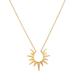 Incandescent Glow Gold Starburst Necklace showcasing its open-work starburst design, symbolizing dreams and inspiration. Ideal spiritual jewelry for meditation and manifestation, incorporating themes of zodiac and protection.