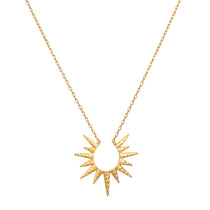Incandescent Glow Gold Starburst Necklace showcasing its open-work starburst design, symbolizing dreams and inspiration. Ideal spiritual jewelry for meditation and manifestation, incorporating themes of zodiac and protection.
