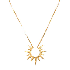 Incandescent Glow Gold Starburst Necklace showcasing its open-work starburst design, symbolizing dreams and inspiration. Ideal spiritual jewelry for meditation and manifestation, incorporating themes of zodiac and protection.