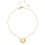 A detailed view of the Incandescent Glow Gold Starburst Necklace, showcasing its brilliance in an elegant setting, serving as a talisman for spiritual growth and meaningful meditation practices with elements of charm and protection.