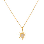 North Star Moonstone Starburst Necklace featuring a luminous moonstone pendant set in an 18kt gold plate starburst design, representing spiritual jewelry and meditation. Ideal for those seeking a meaningful talisman for manifestation, protection, and yoga.