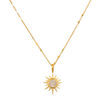 North Star Moonstone Starburst Necklace featuring a luminous moonstone pendant set in an 18kt gold plate starburst design, representing spiritual jewelry and meditation. Ideal for those seeking a meaningful talisman for manifestation, protection, and yoga.