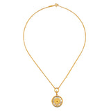 Inward Journey Pearl Mandala Necklace featuring a modern mandala pendant crafted from 18KT gold plate and lustrous mother of pearl, symbolizing spirituality and meditation. This beautiful piece embodies charmed connections to the universe, making it a perfect talisman for yoga practitioners and those seeking meaning and protection in their spiritual journey.