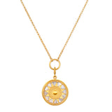 Inward Journey Pearl Mandala Necklace showcasing a stunning gold plate pendant adorned with mother of pearl, symbolizing spirituality and protection, perfect for meditation and meaningful reflection. This talisman is ideal for those seeking a connection with the infinite, enhancing their yoga practice and manifestation journey.