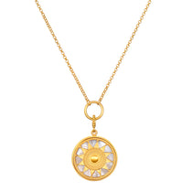 Inward Journey Pearl Mandala Necklace showcasing a stunning gold plate pendant adorned with mother of pearl, symbolizing spirituality and protection, perfect for meditation and meaningful reflection. This talisman is ideal for those seeking a connection with the infinite, enhancing their yoga practice and manifestation journey.