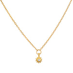 Lucent Spirit Mini Sun Pendant Necklace featuring a delicate 18KT gold plate miniature sun pendant with a white topaz accent. This spiritual jewelry piece embodies vitality and creativity, serving as a meaningful charm for those seeking protection and enlightenment in their meditation and yoga practices.