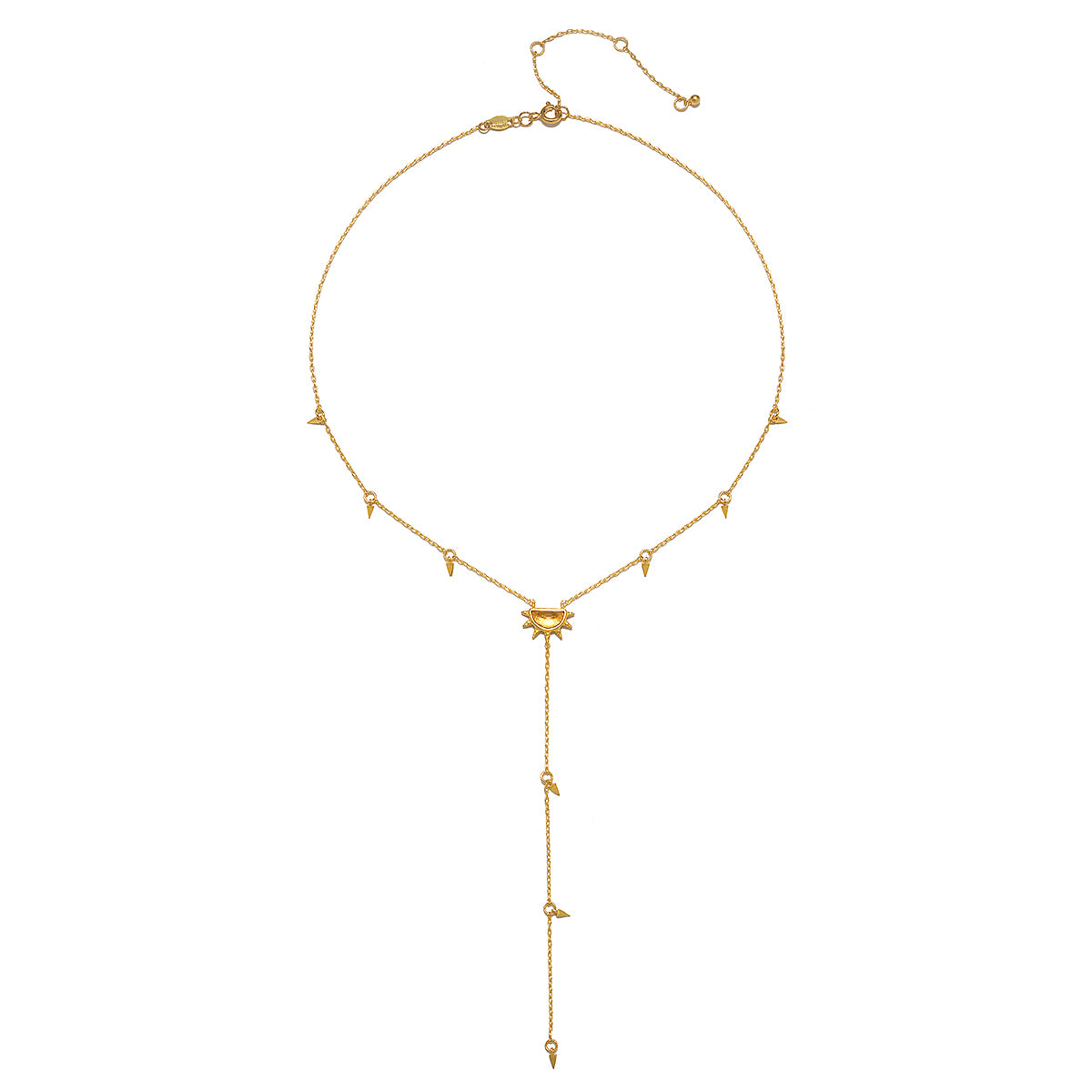 The Light of Day Gold Lariat Necklace displayed elegantly, featuring a sun-inspired pendant and delicate chain, perfect for those seeking spiritual meaning and a talisman for positivity.