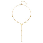 The Light of Day Gold Lariat Necklace displayed elegantly, featuring a sun-inspired pendant and delicate chain, perfect for those seeking spiritual meaning and a talisman for positivity.
