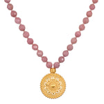 Spiritual Evolution Rhodonite Mala featuring 108 rhodonite beads, an intricate 18KT gold plate mandala, perfect for spiritual jewelry, meditation, and meaningful manifestation.
