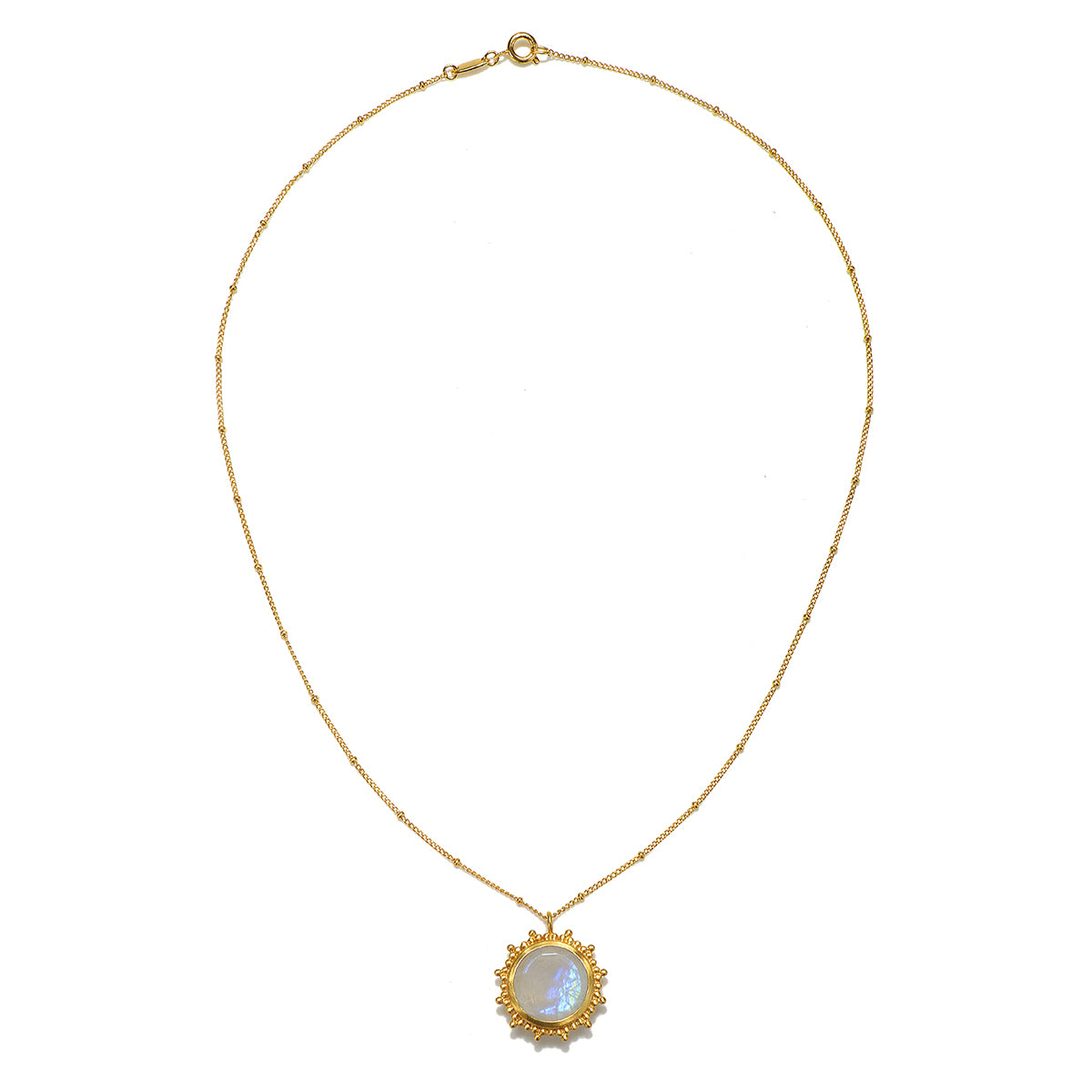 Close-up of the Drift Into Daydreams Moonstone Gemstone Necklace showcasing a single moonstone pendant set in 18kt gold plate, perfect for spiritual practice, meditation, and a meaningful piece for those interested in zodiac and talisman symbolism.