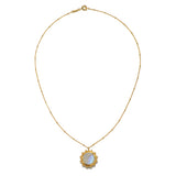Close-up of the Drift Into Daydreams Moonstone Gemstone Necklace showcasing a single moonstone pendant set in 18kt gold plate, perfect for spiritual practice, meditation, and a meaningful piece for those interested in zodiac and talisman symbolism.