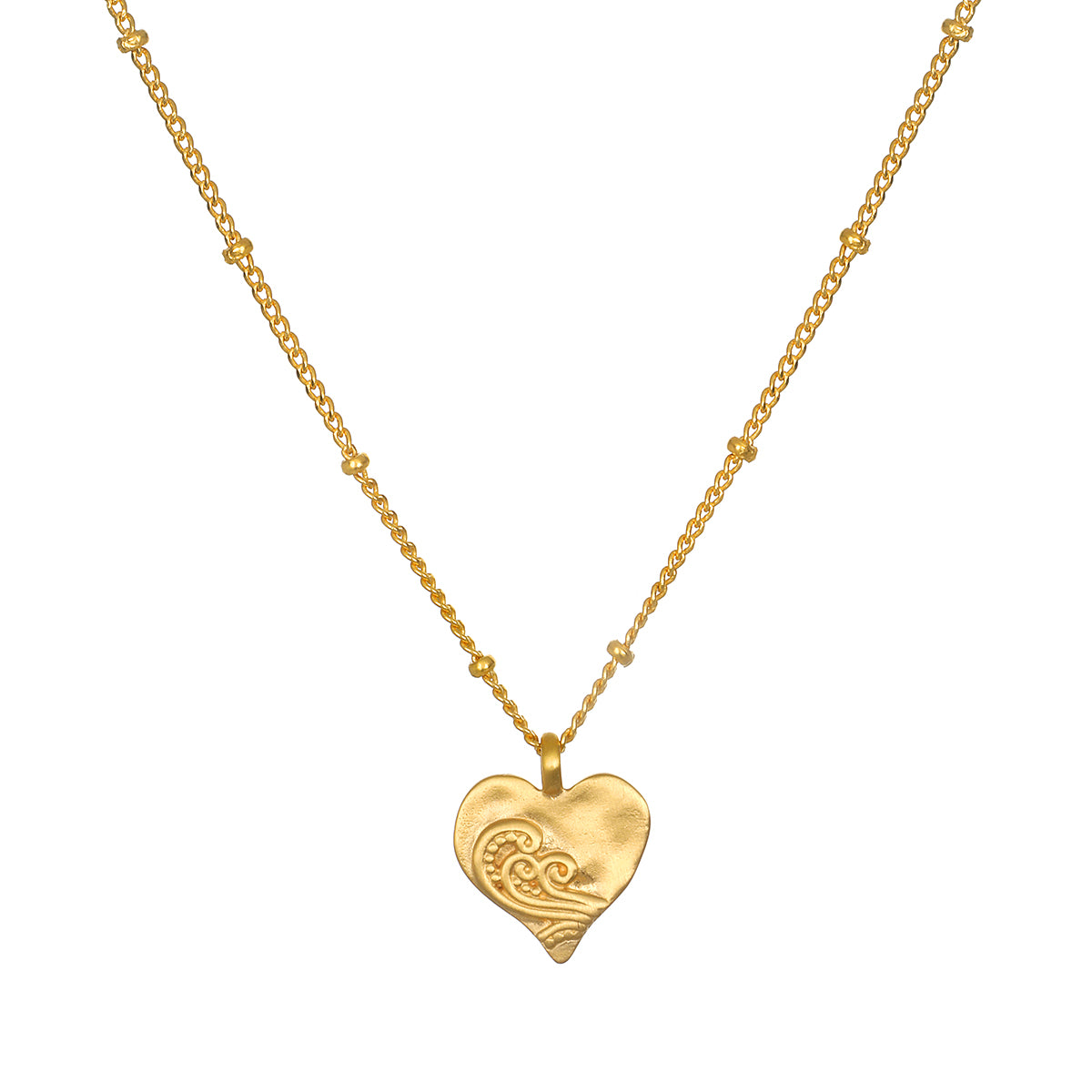 Spirit of Love Gold Heart Necklace featuring a delicate 18k gold plated heart pendant with elegant scrollwork, perfect for wearing during meditation or as a talisman for spiritual meaning and manifestation.