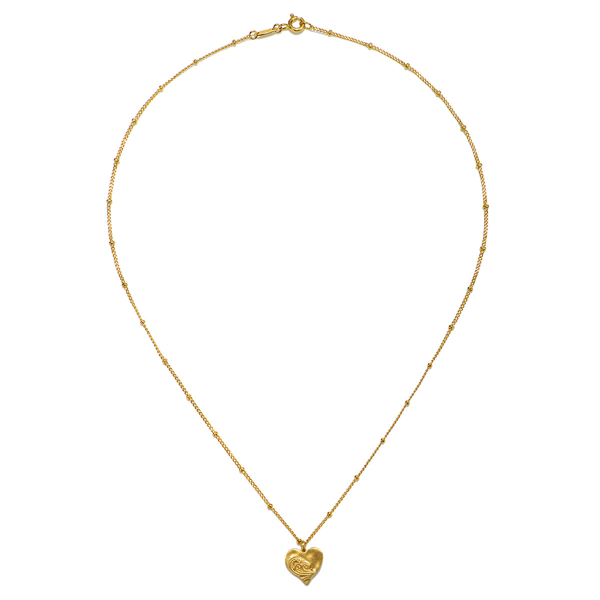 The Spirit of Love Gold Heart Necklace displayed flat, highlighting its gold plate and beaded design, suitable for those seeking meaningful spiritual accessories for protection and clarity.