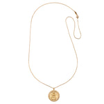 Lakshmi Hindu Goddess, Abundance Necklace shown elegantly designed with the gold-plated pendant that embodies abundance and good fortune. Ideal for spiritual use and meaningful connection in meditation, it resonates with the essence of zodiac energies and promotes personal growth and protection.