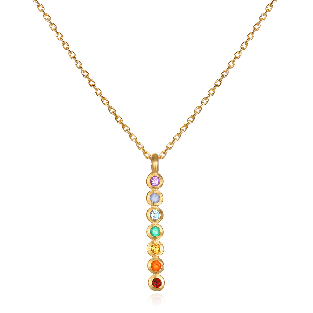 Divine Alignment Gemstone Chakra Necklace featuring vibrant gemstones including amethyst, blue agate, blue topaz, green onyx, citrine, carnelian, and red garnet in a vertical design. This spiritual jewelry piece is perfect for meditation gifts, mantra practice, and yoga. Its meaningful, symbolic nature aids in manifestation while offering protection and connection to sacred energy, making it an ideal amulet for zodiac enthusiasts.