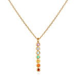 Divine Alignment Gemstone Chakra Necklace featuring vibrant gemstones including amethyst, blue agate, blue topaz, green onyx, citrine, carnelian, and red garnet in a vertical design. This spiritual jewelry piece is perfect for meditation gifts, mantra practice, and yoga. Its meaningful, symbolic nature aids in manifestation while offering protection and connection to sacred energy, making it an ideal amulet for zodiac enthusiasts.