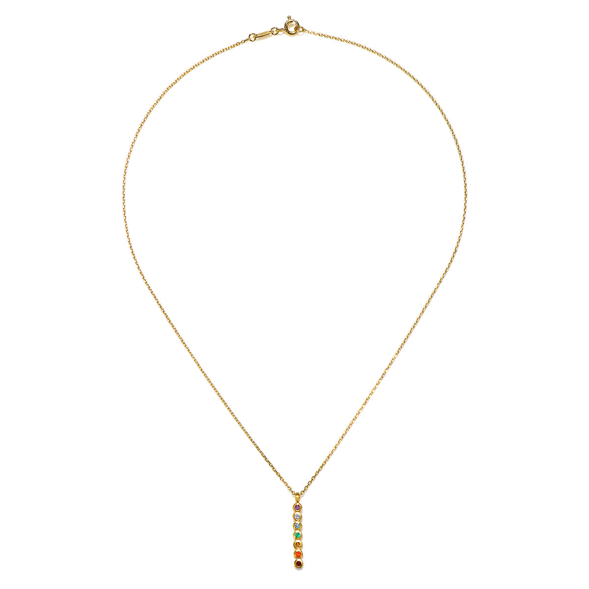 Close-up of the Divine Alignment Gemstone Chakra Necklace, showcasing its vibrant gemstones aligned vertically, ideal for meaningful and symbolic spiritual jewelry, enhancing your mantra practice and protective energy.