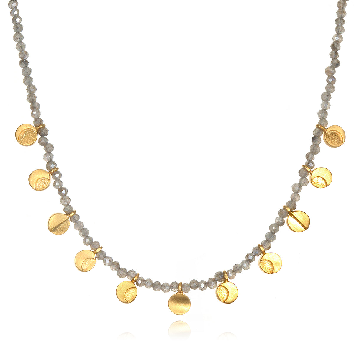 Mystical Moonlight Necklace featuring tiny beads of labradorite and delicate 18k gold plate moon charms, symbolizing spirituality and meditation. A perfect talisman for those interested in zodiac and yoga, embodying protection and manifestation.