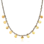 Mystical Moonlight Necklace featuring tiny beads of labradorite and delicate 18k gold plate moon charms, symbolizing spirituality and meditation. A perfect talisman for those interested in zodiac and yoga, embodying protection and manifestation.
