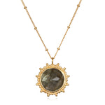 Pursue Your Truth Labradorite Necklace featuring a stunning labradorite pendant set in 18k gold plate. This piece of spiritual jewelry symbolizes imagination, perseverance, and truth, making it perfect for meditation gifts or as a protective amulet for yoga enthusiasts. Its meaningful design encourages manifestation and connects with zodiac energies, offering a sacred touch to any outfit.