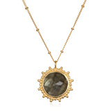Pursue Your Truth Labradorite Necklace featuring a stunning labradorite pendant set in 18k gold plate. This piece of spiritual jewelry symbolizes imagination, perseverance, and truth, making it perfect for meditation gifts or as a protective amulet for yoga enthusiasts. Its meaningful design encourages manifestation and connects with zodiac energies, offering a sacred touch to any outfit.