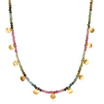 Peace & Protection Tourmaline Choker featuring colorful tourmaline stones and accented with 18k gold charms, perfect for spiritual jewelry, meditation gifts, and symbolic meaning in yoga and mantra practices.