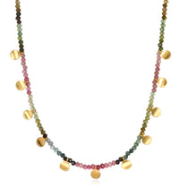 Peace & Protection Tourmaline Choker featuring colorful tourmaline stones and accented with 18k gold charms, perfect for spiritual jewelry, meditation gifts, and symbolic meaning in yoga and mantra practices.