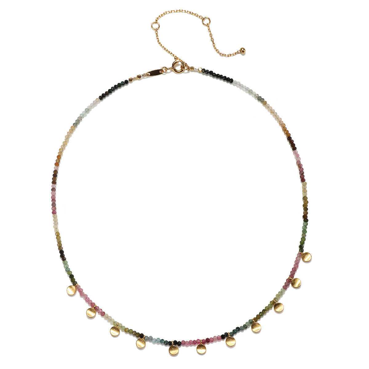 Close-up of the Peace & Protection Tourmaline Choker, highlighting its colorful tourmaline beads and 18k gold charms. This protective jewelry serves as a symbolic amulet for manifestation, connecting to zodiac energies and enhancing spirituality.