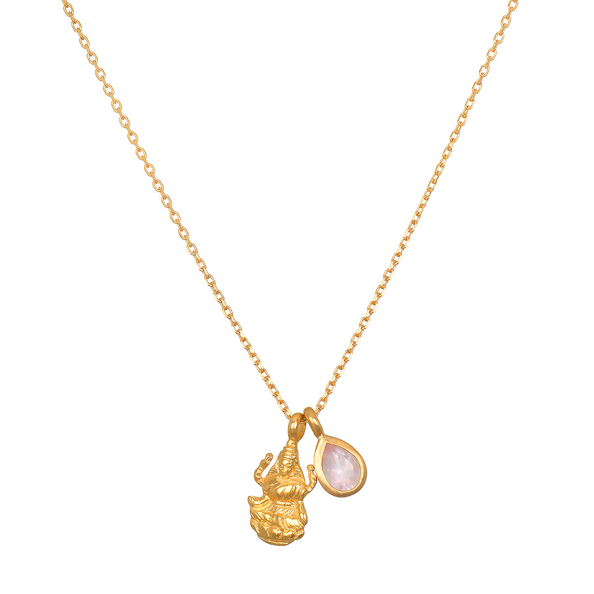 A stunning Lakshmi Hindu Goddess necklace symbolizing good fortune, featuring an 18kt gold plated pendant along with a rose quartz teardrop. This spiritual jewelry serves as a meaningful talisman for meditation, zodiac practices, and yoga, embodying themes of protection, manifestation, and abundance in one's life.