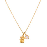 A stunning Lakshmi Hindu Goddess necklace symbolizing good fortune, featuring an 18kt gold plated pendant along with a rose quartz teardrop. This spiritual jewelry serves as a meaningful talisman for meditation, zodiac practices, and yoga, embodying themes of protection, manifestation, and abundance in one's life.