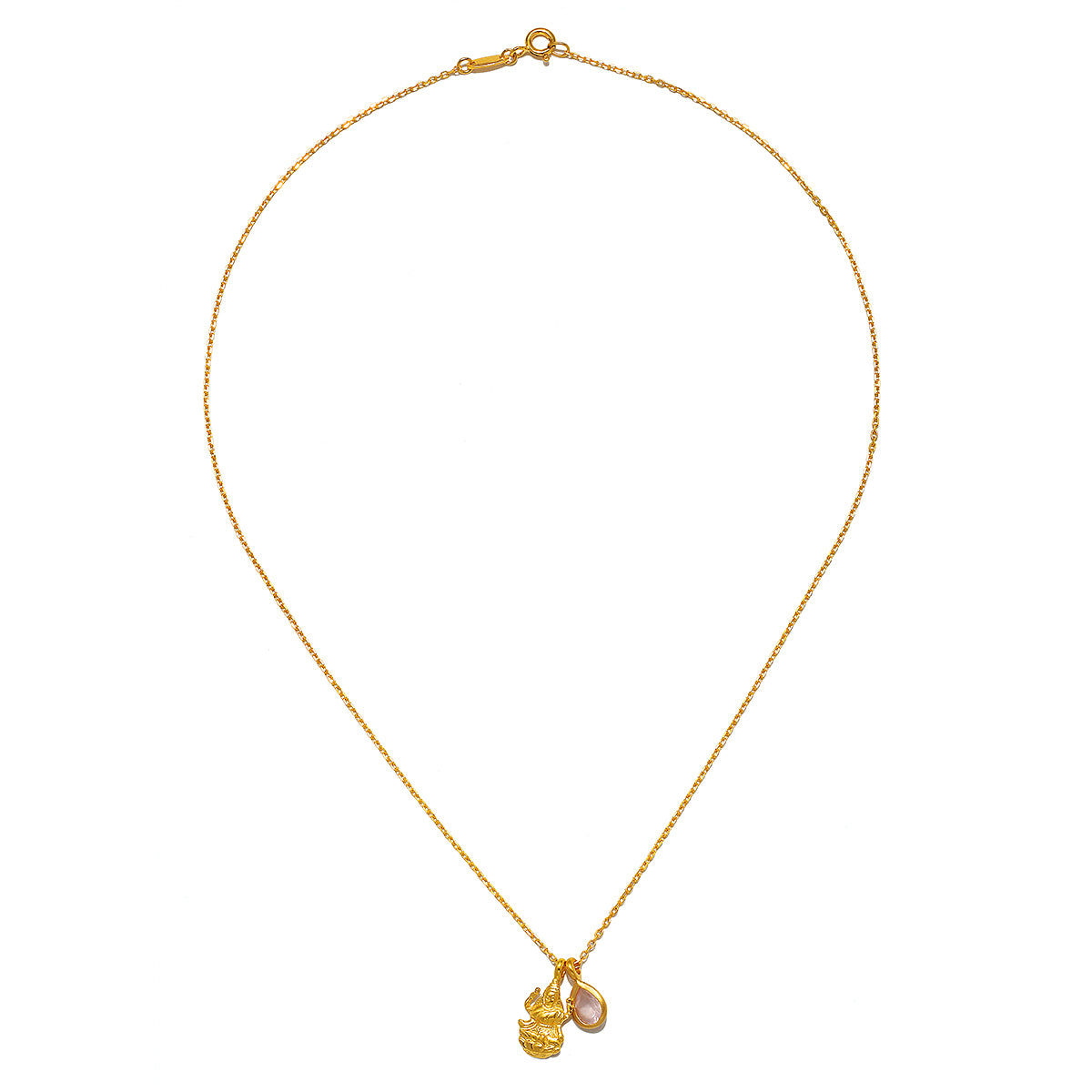 Design of the Lakshmi Hindu Goddess, Good Fortune Necklace showing the 18kt gold plate pendant with a rose quartz detail, representing manifestation and the deeper meaning of spiritual jewelry, ideal for meditation.