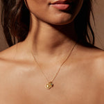Model wearing the Radiate Love Sun Necklace, showcasing the beautiful 18k gold plate charm symbolizing vitality and love, ideal for spiritual practices and personal manifestation.