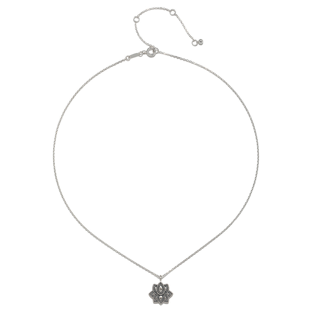 Close-up view of the Journey Forward Lotus Silver Necklace's delicate chain and lotus pendant, emphasizing its spiritual significance. This necklace is perfect for meditation and adds protection while embracing one's spiritual journey.