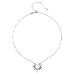 Close-up view of the Incandescent Glow Silver Starburst Necklace on a white background, emphasizing its radiant sterling silver design. This necklace embodies the essence of spiritual jewelry, making it a beautiful charm for those focused on meaning, protection, and manifestation.